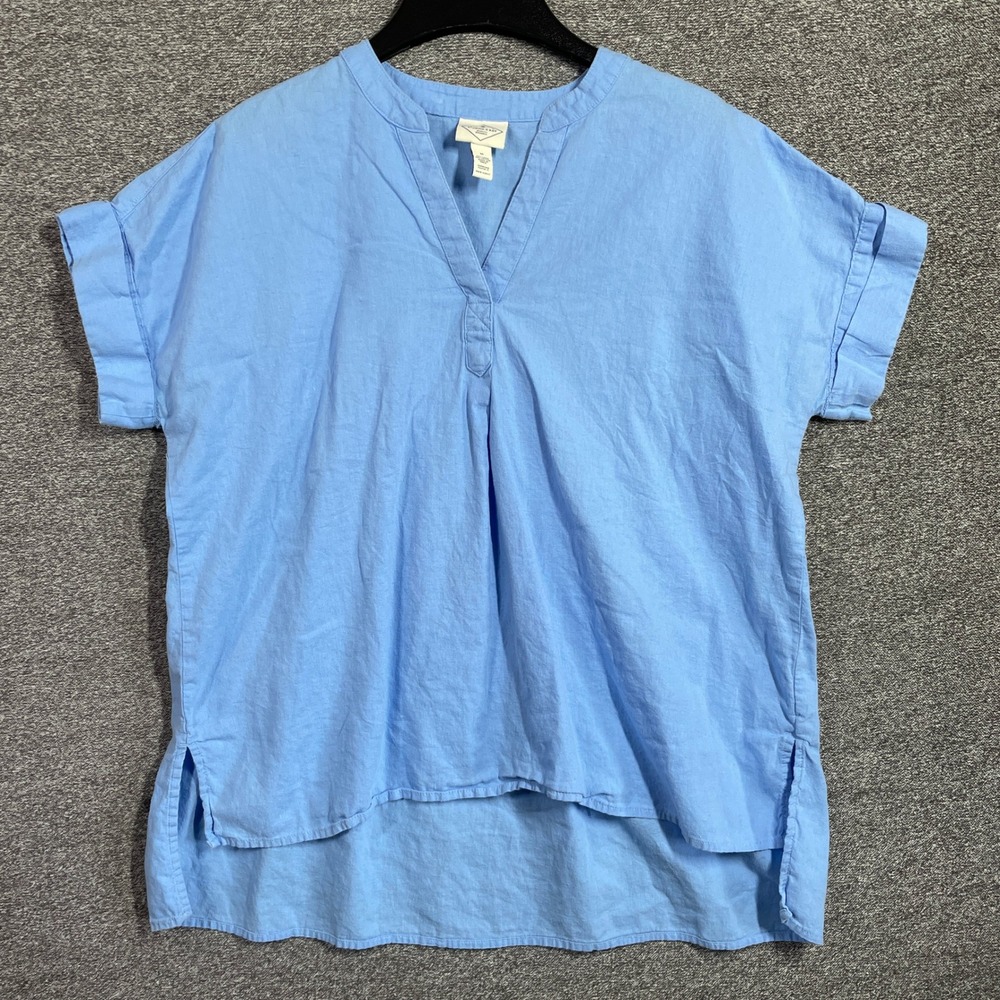 St Johns Bay Womens Blue Linen Blend V-Neck Short Sleeve Blouse Top Medium